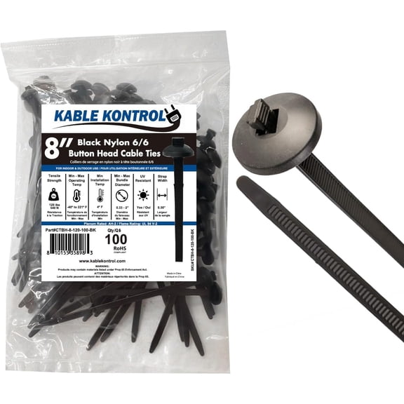 Kable Kontrol Button Head Zip Ties - 8" - 120 lbs - Black -100 Pcs/Pack