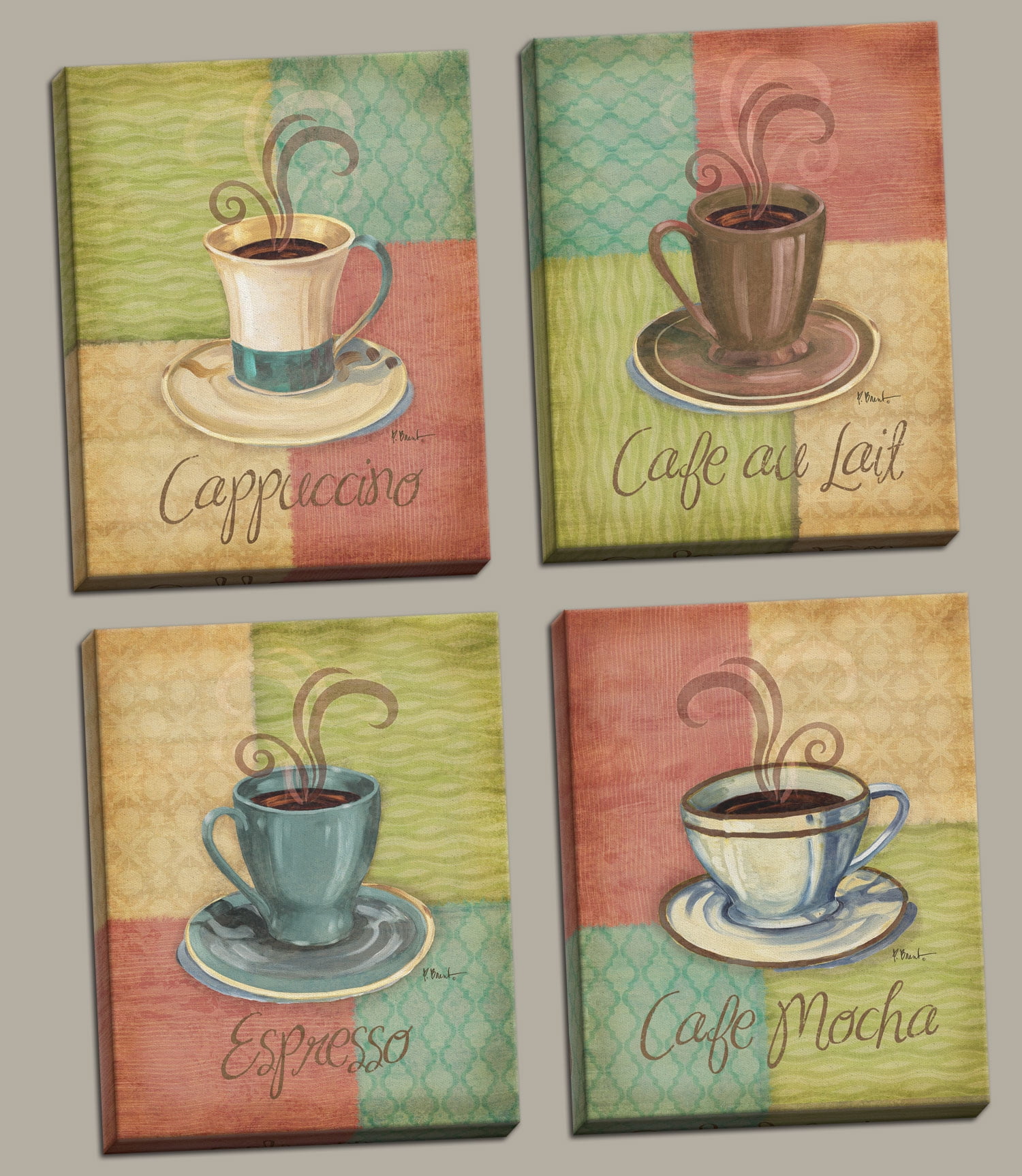 4 Retro Colorful Coffee Set; Kitchen Decor; Four 8 by 10Inch Hand
