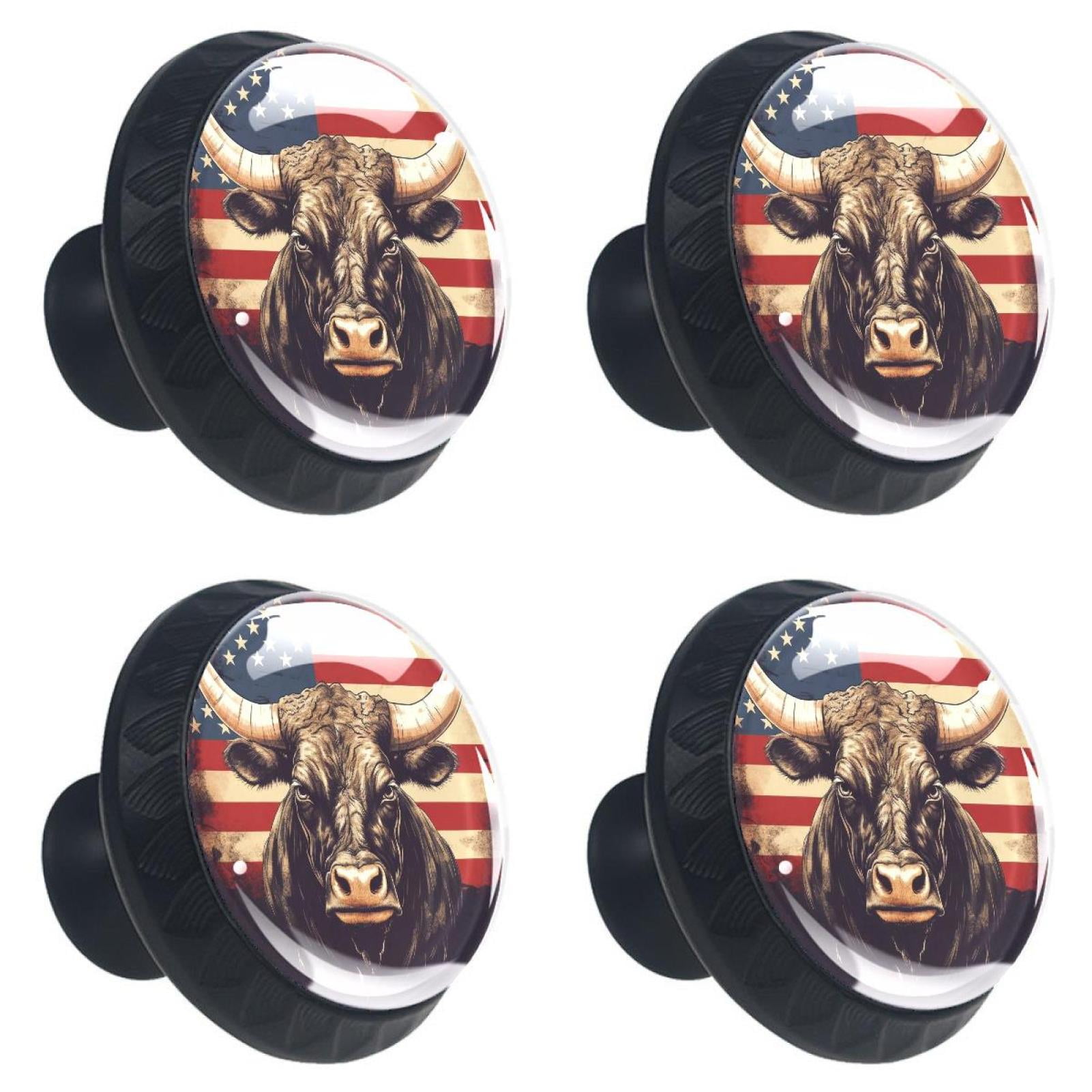 4 Pcs Cow American Flag Knobs for Kitchen Cabinet Cupboard Dresser Bookcase Drawer Pulls Handles Round Home Decor