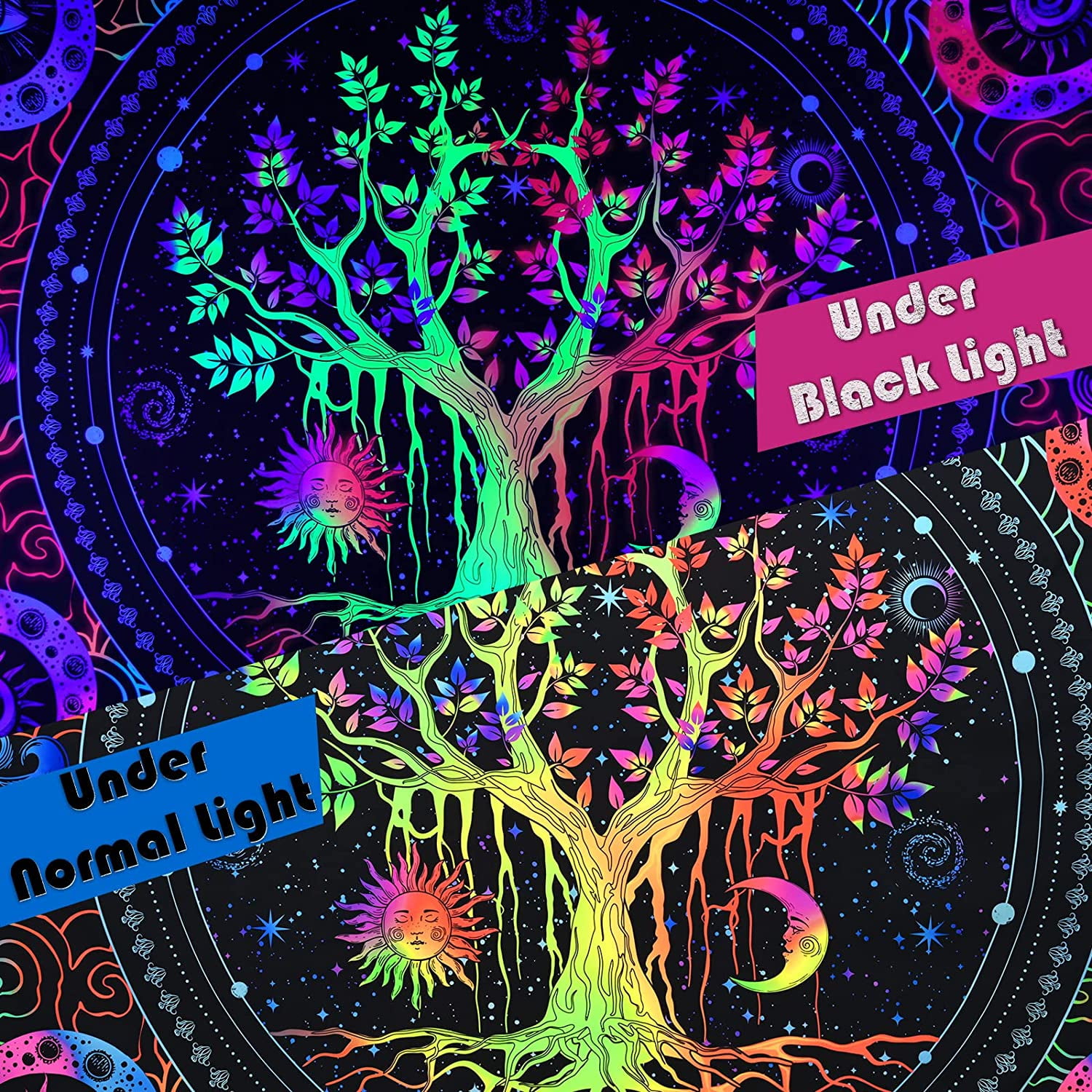 Blacklight Tree of Life Tapestry Trippy Sun and Moon Tapestry UV Reactive Galaxy Space Tapestries Aesthetic Glow in The Dark Walmart
