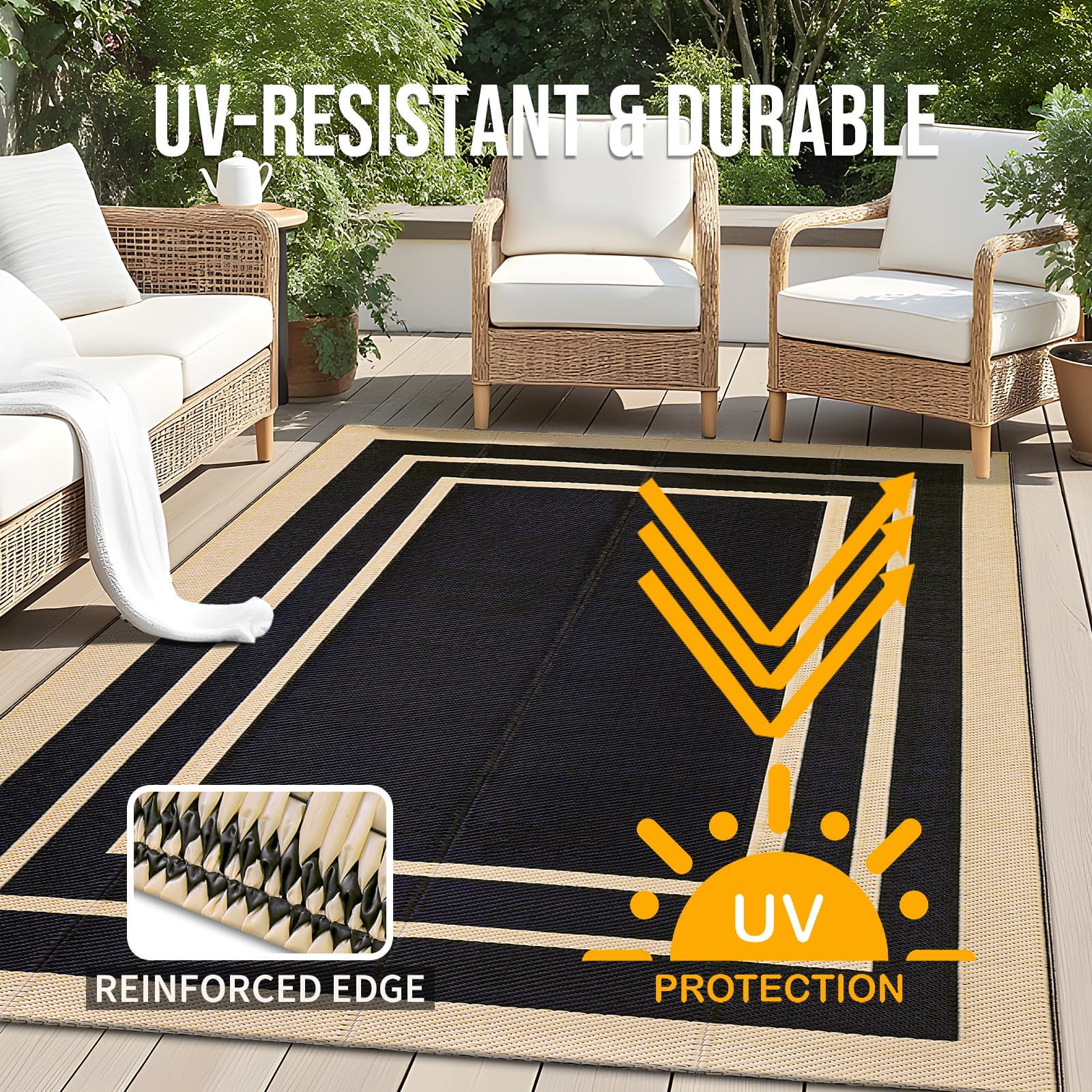 Smiry Outdoor Rugs 6x9, Waterproof Plastic Straw Indoor Outdoor Mat for Patio, RV Camping, Deck,Porch, Black & Beige