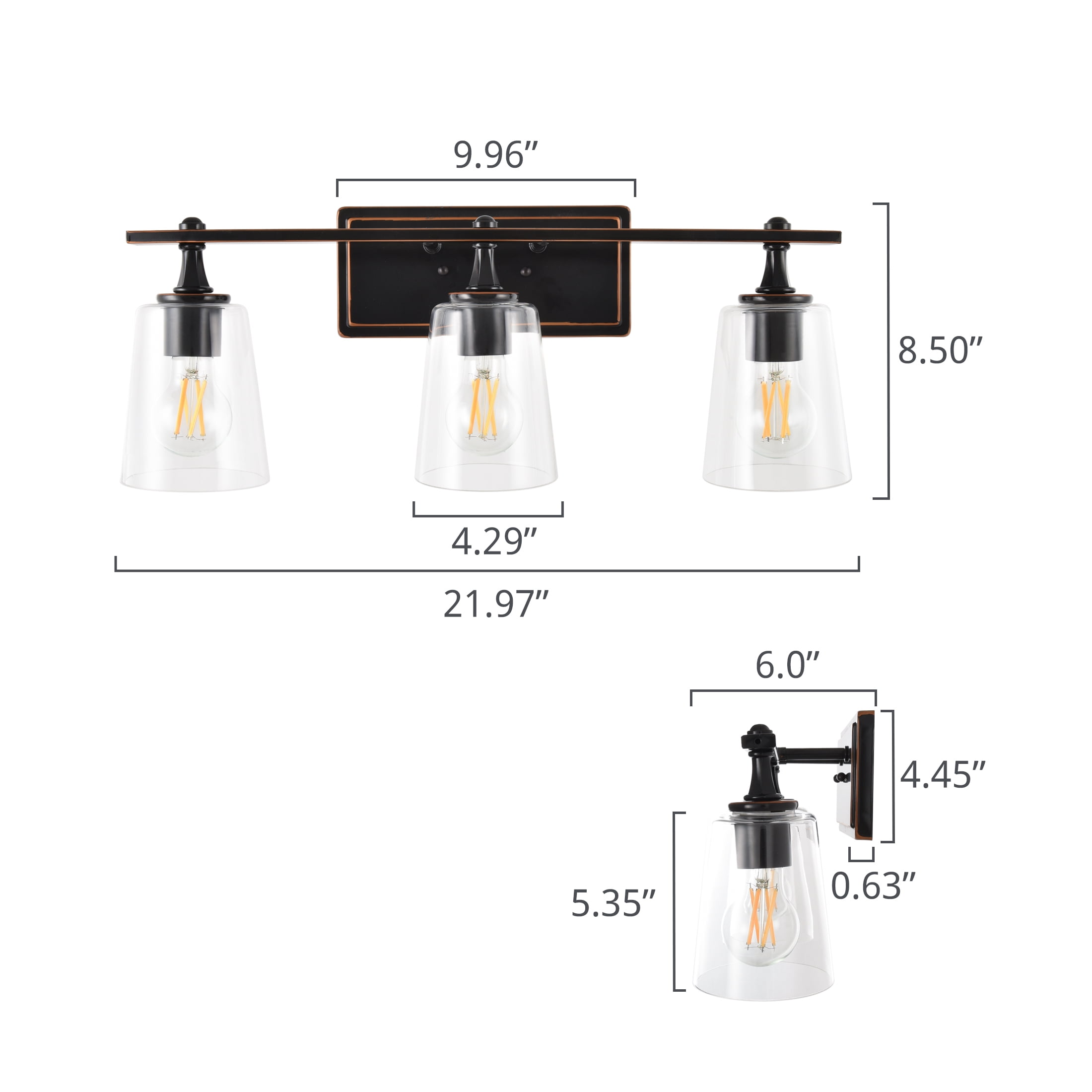 Better Homes & Gardens 22" Modern 3-Light Bronze Vanity Light, Glass Shades, Bulbs Not Included