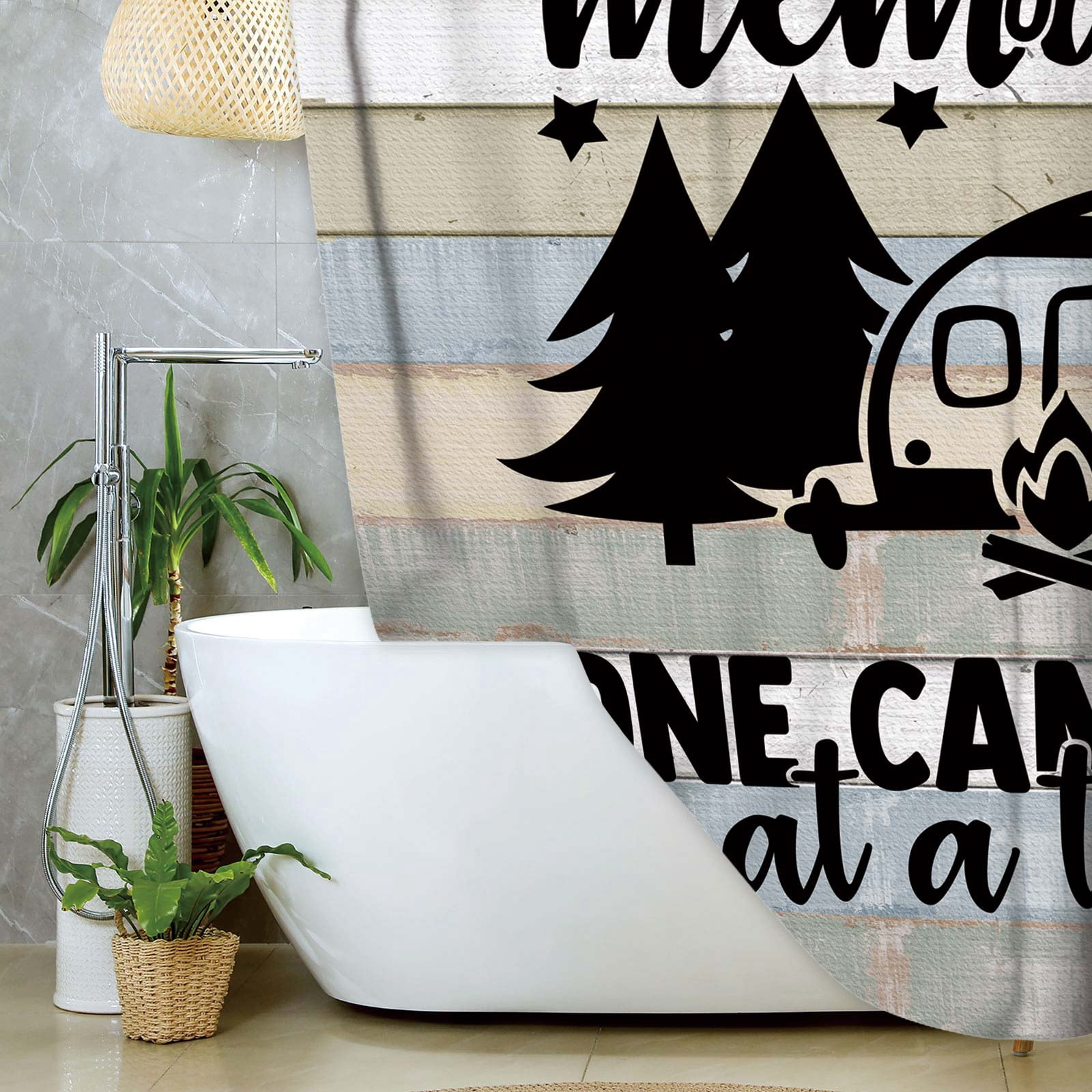 RV Camper Shower Curtain for Travel Trailer Bathroom, Rustic Forest Camping Stall Size Narrow Fabric Shower Curtains Set, Farmhouse Happy Camp Decor Motorhome Accessories,8pcs Hooks, 47X70 IN