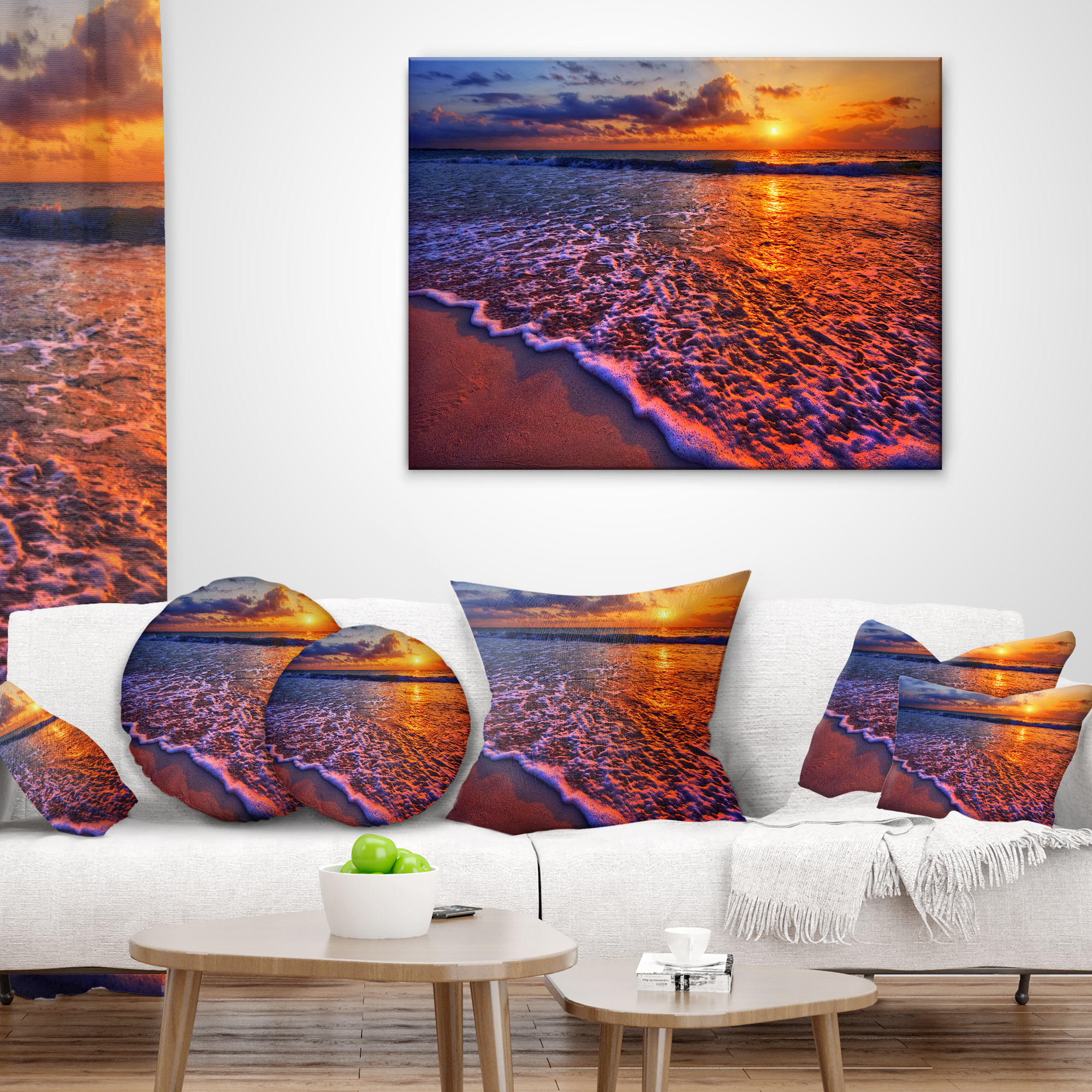Designart Colorful Sunset and Wavy Waters - Seashore Throw Pillow - 16x16
