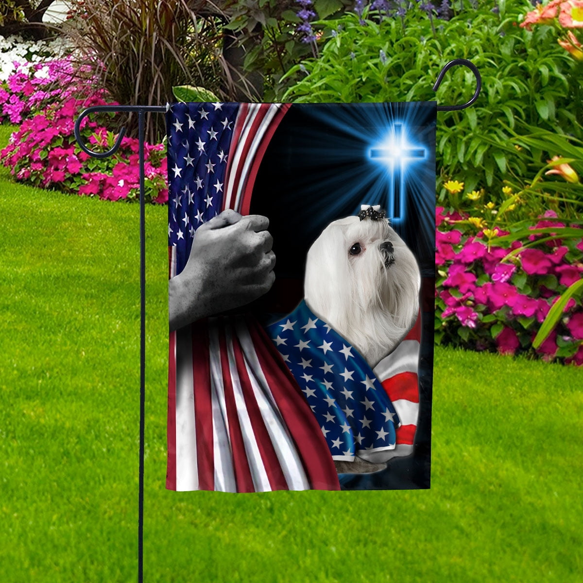 Hand Pulling USA Flag Maltese Dog Wearing Flag American Standing under Cross Christian Patriotic House Flag (3x5) Double Sided- Premium Polyester-Decorative Indoor Outdoor Flag