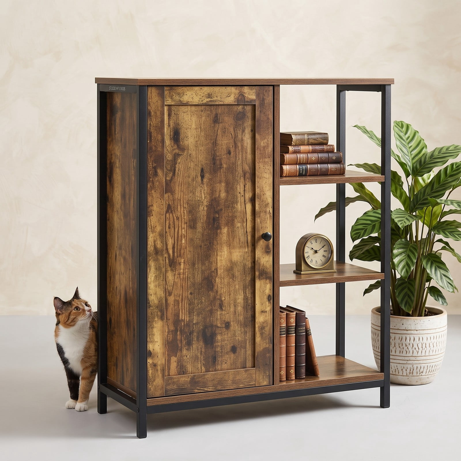 Furnibear Multipurpose Freestanding Storage Cabinet with 3 Open Shelves and 2 Doors, Industrial Wood Metal Accent Storage Cabinet for Living Room, Rustic Brown Black
