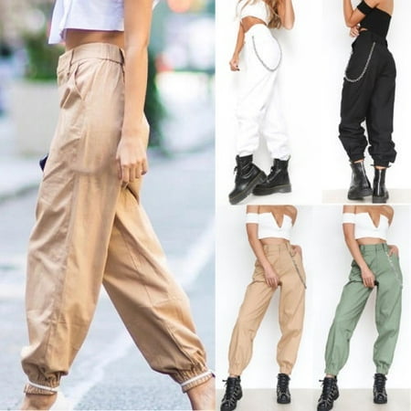 Casual Pants for Women Casual Solid Elastic Mid Waist Pockets Lady Long  Loose Bag Waist Pants