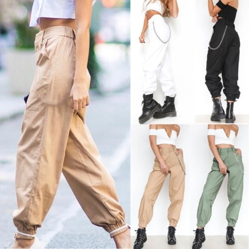 Women Casual High Waist Cargo Pants Ladies Loose Solid Trousers Side  Pockets Elastic Waist