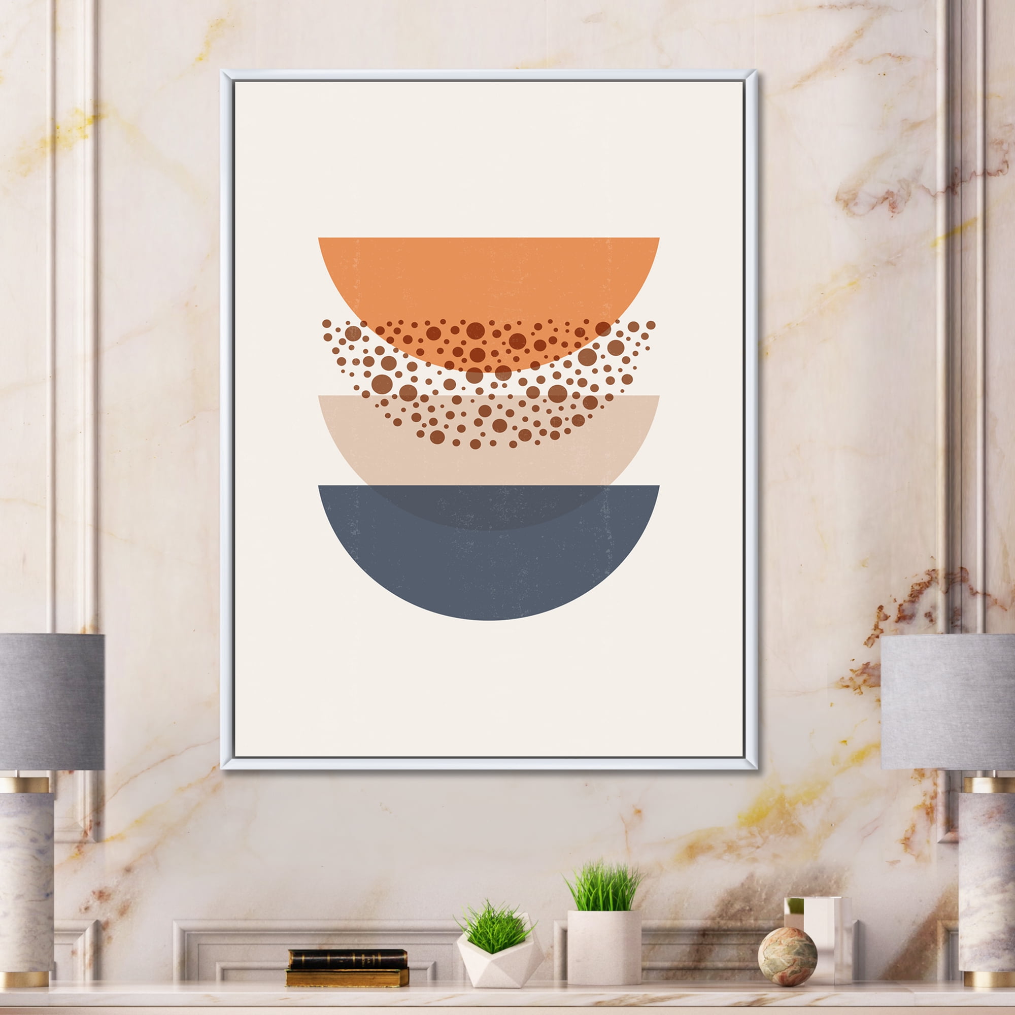 Designart 'Abstract Moon and Sun Geometrics In Blue & Orange' Modern Framed Canvas Wall Art Print