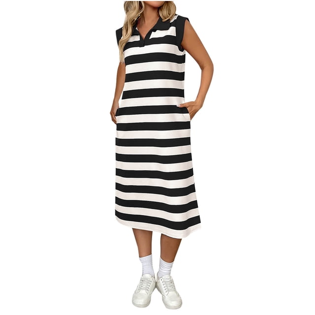 Vestido de Verano para las Mujeres, Bolsillo sin Mangas Cuello Turndown Vestido de la Mitad de la Ternera, Moda Poliéster Casual