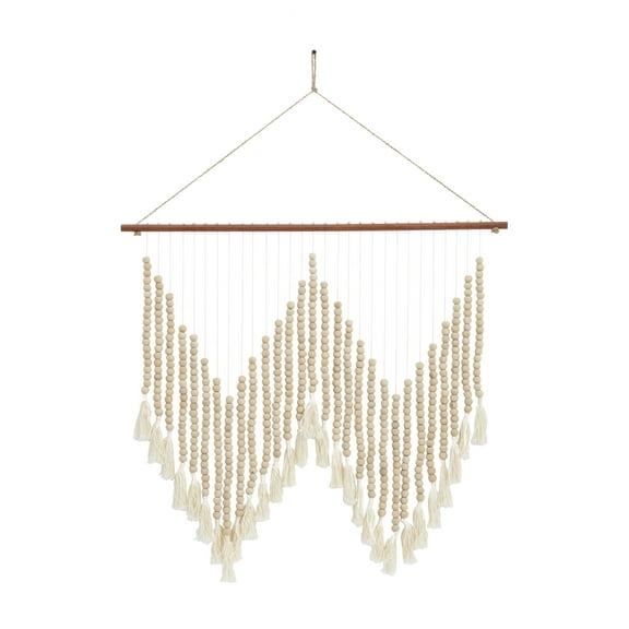 DecMode White Wood Beaded Macrame Wall Decor with Fringe Tassels