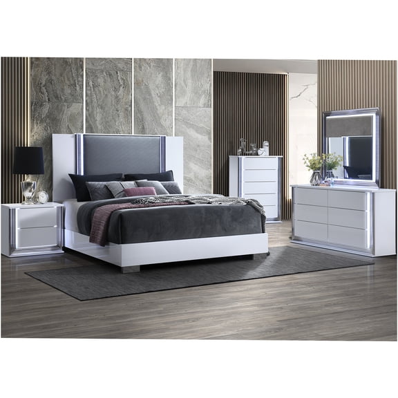 JERFIT 5-Piece Queen Bedroom Set with LED Lights, White Modern Platform Bed, Dresser, Mirror & Nightstands