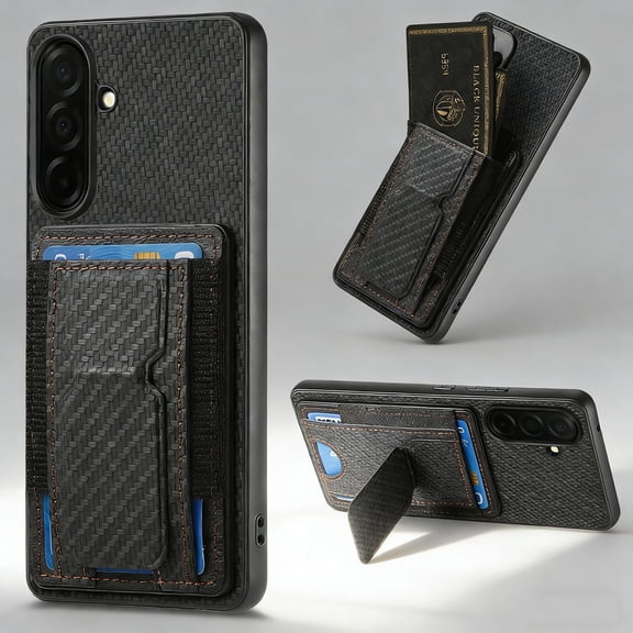 Wallet Case for Samsung Galaxy A17 5G Slim Protective Case with Credit Card Slots Hidden Kickstand Carbon Fiber Texture PU Leather Phone Cover for Samsung Galaxy A17 5G, Black