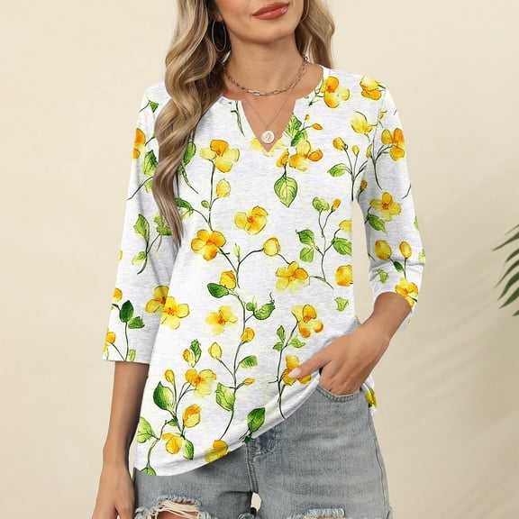 Jsaierl 3/4 Length Sleeve Tops for Women Casual V Neck Shirts Boho Print Petite Blouses Soft Loose Fit Tunic Top S-2XL