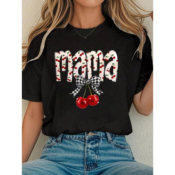 Cute Mama Cherry Graphic T-Shirt for Women, Stylish Disco Cherries & Checkerboard Bow Mom Tee, Trendy Mother's Day Gift