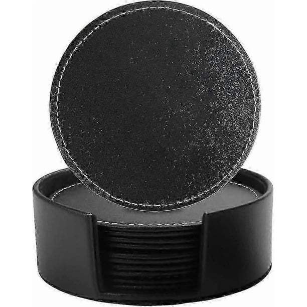 Beverage Leather Coasters with Holder Set of 6, PU Leather Coasters for Various Cups and Mugs (Round Black)