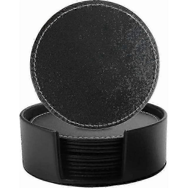 Beverage Leather Coasters with Holder Set of 6, PU Leather Coasters for Various Cups and Mugs (Round Black)