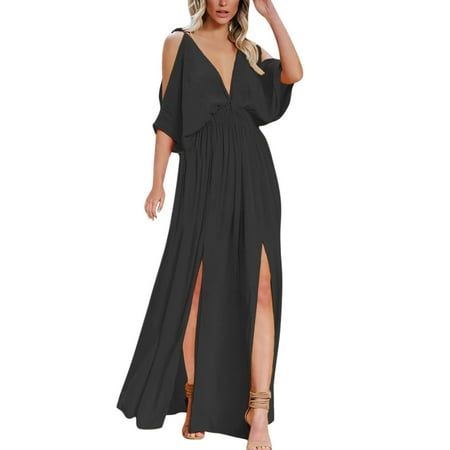 

Qufokar Maternity Outfits for Women Fall Flattering Dresses for Curvy Women Women Summer V Neck Cold Shoulder Short Sleeve Maxi Dress High Waist Split Wedding Guest Long Dress