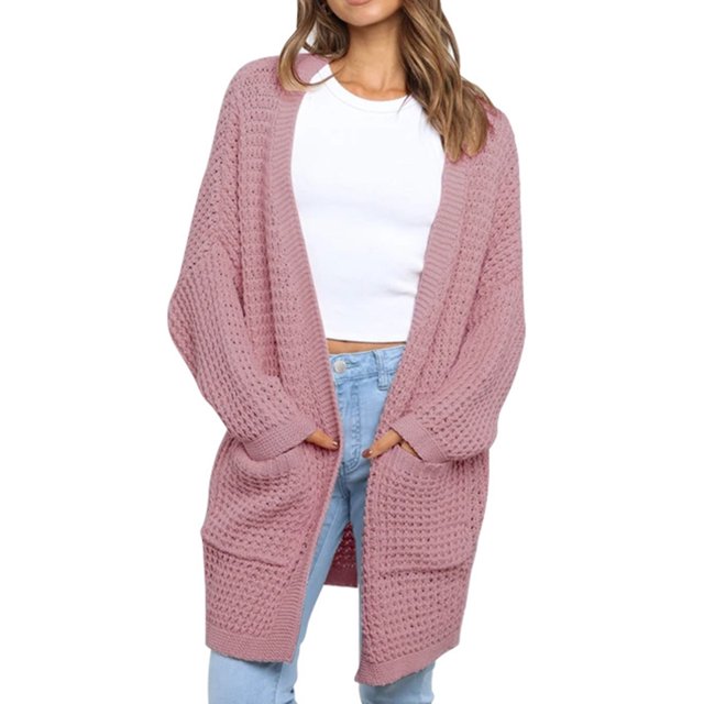 Suéter tejido Moda mujer suéter de punto Color sólido frente abierto de manga larga bolsillo suelto Casual Otoño Invierno cárdigan abrigo 1 1