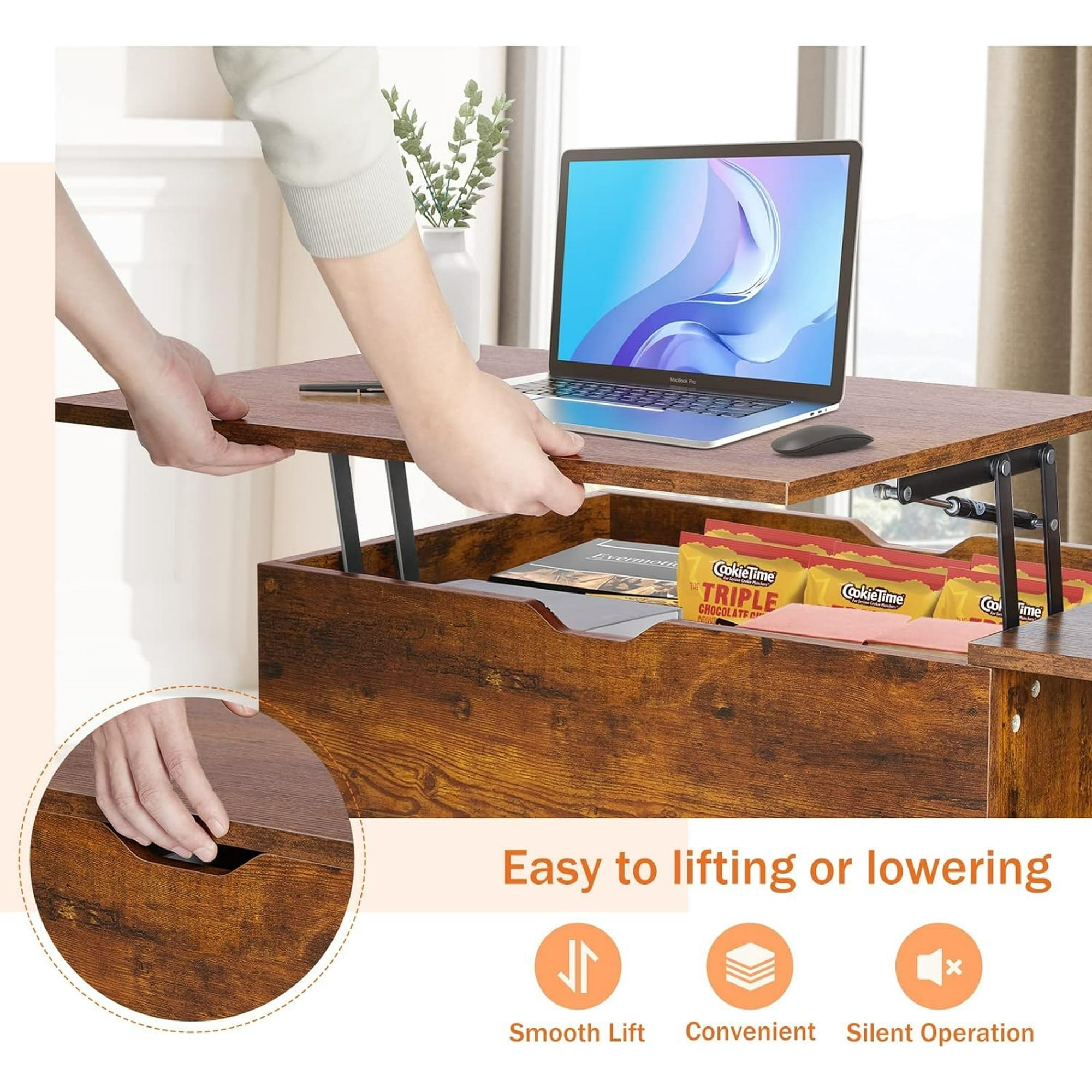Living Room Table, Lift Top Coffee Table, Dining Center Tables with Storage Shelf and Hidden Compartment, Brown