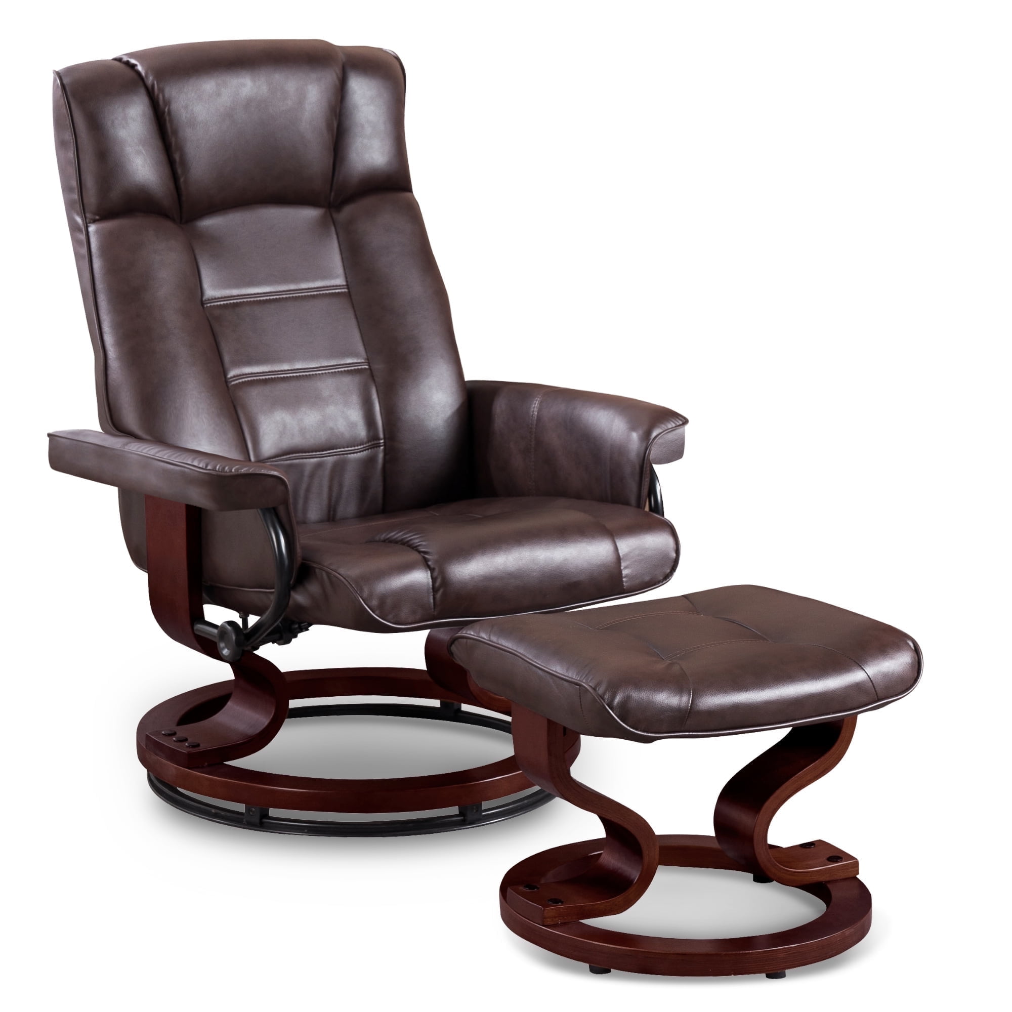 MCombo Swivel Recliner Chair with Wood Base and Ottoman, Faux Leather