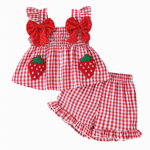 KPOPLK Toddler Baby Girl Outfit Girl Summer Sleeveless Gingham Top Set Elastic Waist Strawberry Print Ruffle Shorts 2Pcs for 3M-5T(6-9 Months,Red)