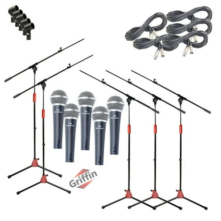 Griffin Microphone Stand Package of 5 with Vocal Unidirectional Mics & XLR Cables Handheld Cardioid Dynamic Microphones for Home Studio Recording, DJ Live Streaming & Stage Singing 20FT XLR Cords