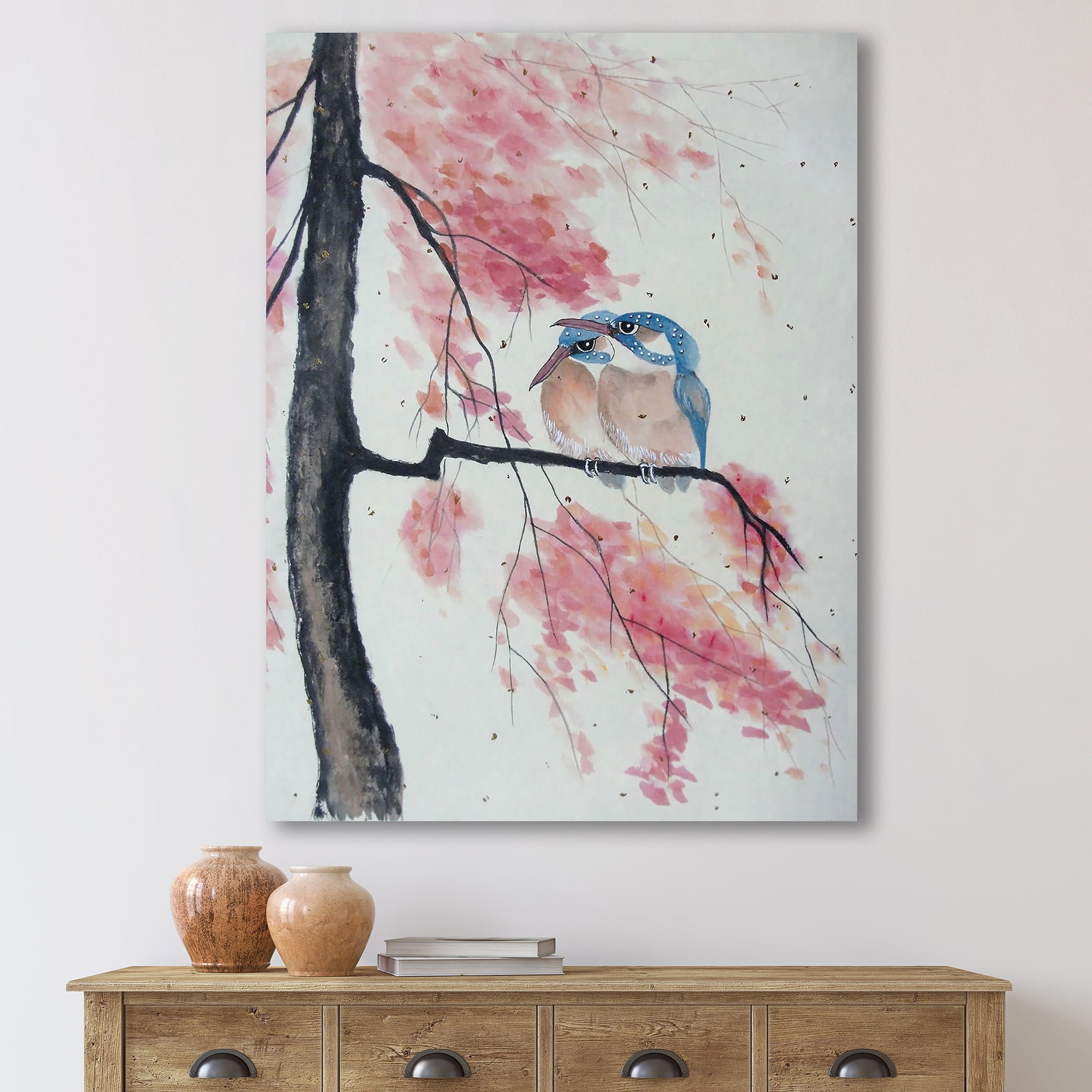 Two Blue Kingfisher Birds Sitting On A Flowering Branch 16 in x 32 in Painting Canvas Art Print, by Designart