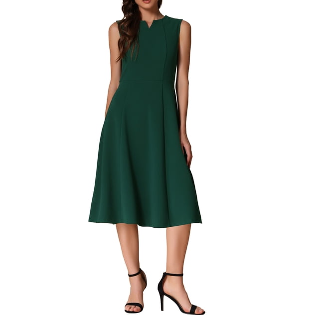 Vestidos Notch V Neck INSPIRE CHIC para Mujeres, Elegante Vestido A-Line de Oficina con Bolsillos XS Verde Oscuro