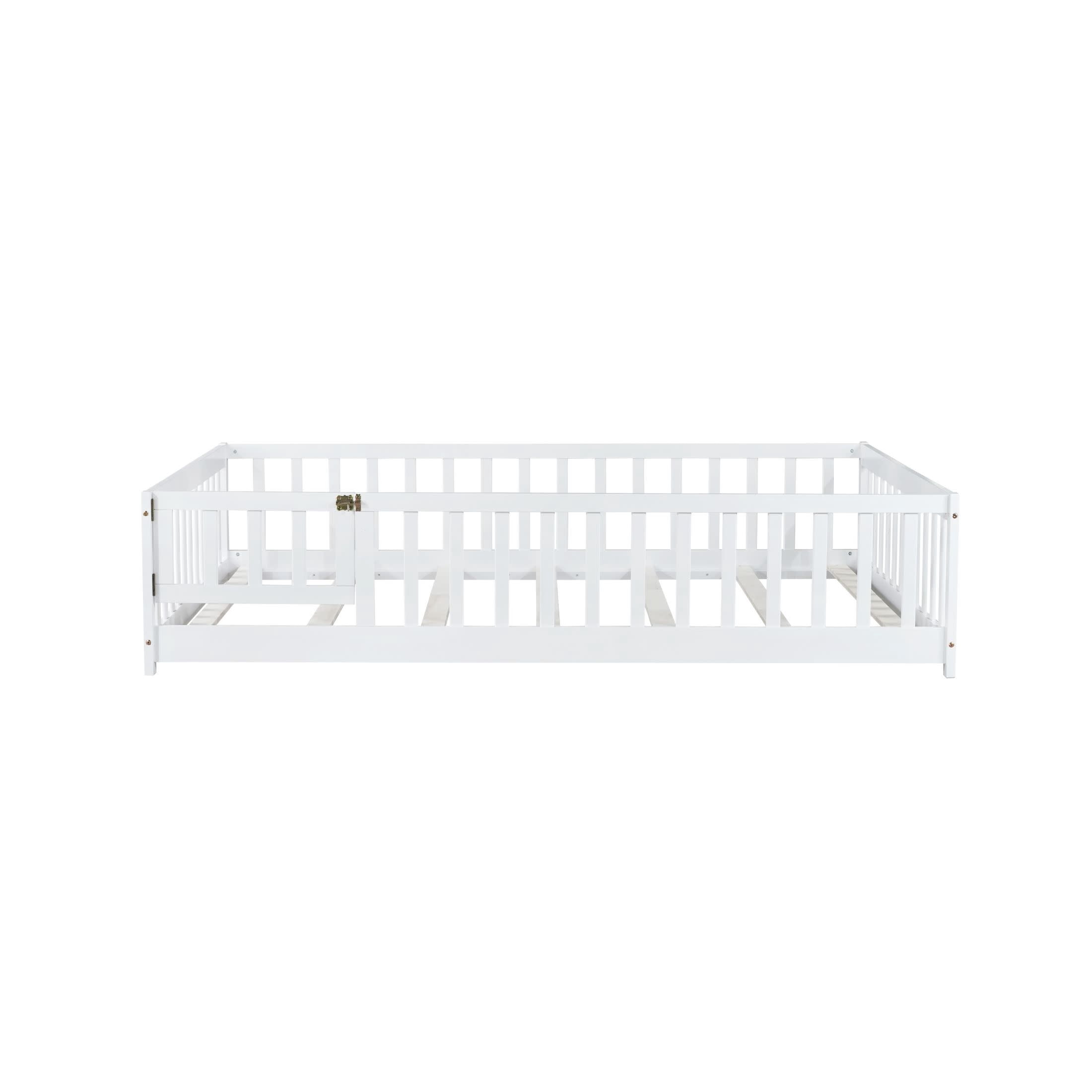 Noble House Mira Full Floor Bed with Fence and Door, Sturdy Rubber Wood Montessori Bed Frame, Kid's Room, White