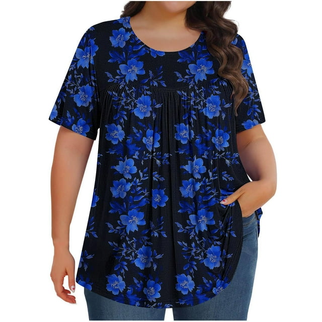 Pisexur Hauts de Printemps pour Femmes Blouses pour Femmes Chic Décontracté Mode pour Femmes Imprimé Col Rond Manches Courtes Plissé Ample Haut Multicolore,2TG