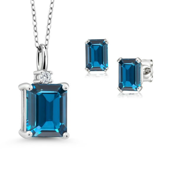 925 Sterling Silver London Blue Topaz and White Diamond Pendant and Earrings Jewelry Set for Women (5.35 Cttw, Gemstone November Birthstone, Emerald Cut 10X8MM and 6X4MM, with 18 inch Chain)
