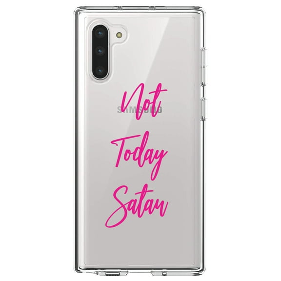 DistinctInk Clear Shockproof Hybrid Case for Samsung Galaxy Note 10 (6.3" Screen) - TPU Bumper Acrylic Back Tempered Glass Screen Protector - Not Today Satan - Hot Pink