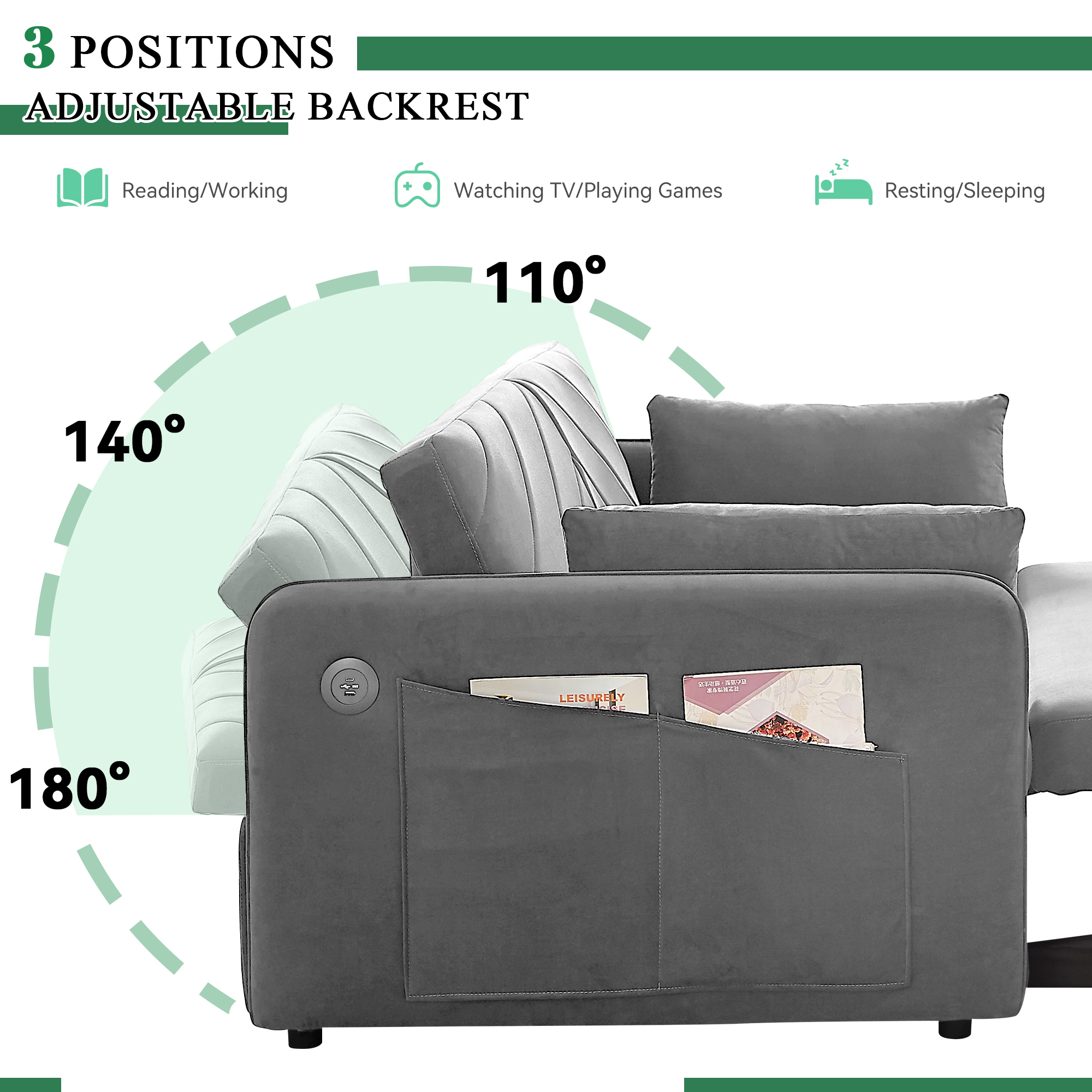 Dinosisco Convertible Sleeper Loveseat with USB, 55" Velvet Futon Sofa Bed, Gray