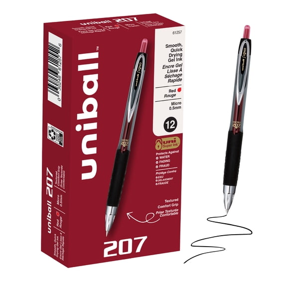 uniballâ„¢ 207 Retractable Gel Pens, Micro Point, 0.5mm, Red Ink, 12 Count