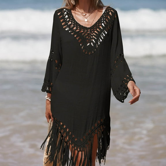 Brilliant Beach Cover up Womens Bathing Suit Bikini Swimsuit Coverup Tassels Crochet Loose Dress Sleeveless Tank Hollow Out(Black,One size)