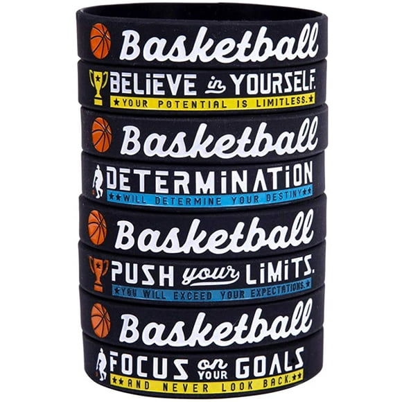 (12-Pack) Basketball Bracelets with Motivational Sports Quotes - Wholesale Pack of 12 Silicone Rubber Wristbands for Bulk Basketball Team Gifts and Party Favors