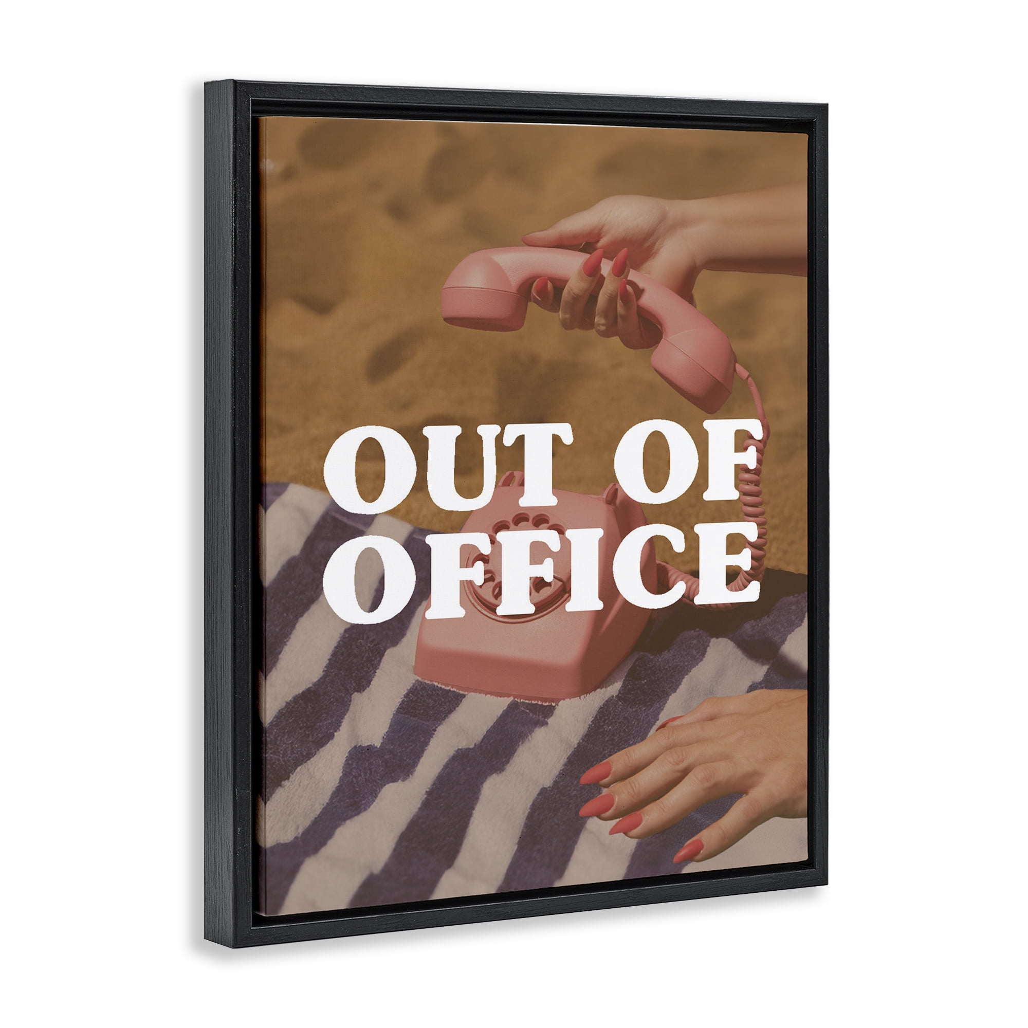 Out of Office Pink Phone Black Framed Floater Canvas Wall Art, design by Lil' Rue