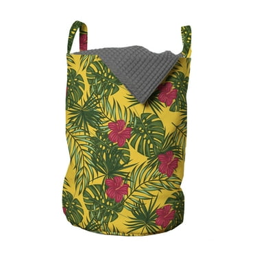 Tropical Laundry Bag, Exotic Monstera Leaves and Hibiscus Flowers Hawaiian Foliage Pattern, Basket with Handles Drawstring Closure for Laundromats, 13" x 19", Mustard Green Magenta, by Ambesonne