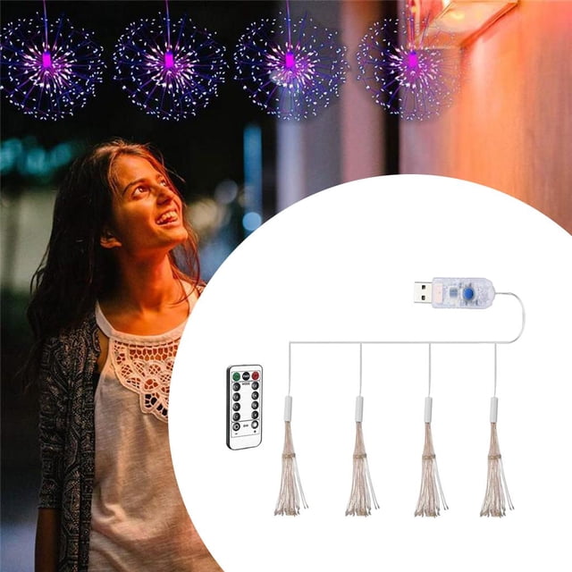 luces de estrellas colco luces de fuegos artificiales 320 rgb con telemando Producto de importación cuatro guirnaldas LED (4 x 80 = 320 micro LED) con cable USB, controlador y mando remoto, cuatro colgantes tipo borla que recrean efecto de fuegos artificiales; ambientación nocturna, IP44 según ficha, ideales como luces LED para exteriores y decoración de fiesta o Navidad, también suelen usarse para decorar jardines y terrazas.
