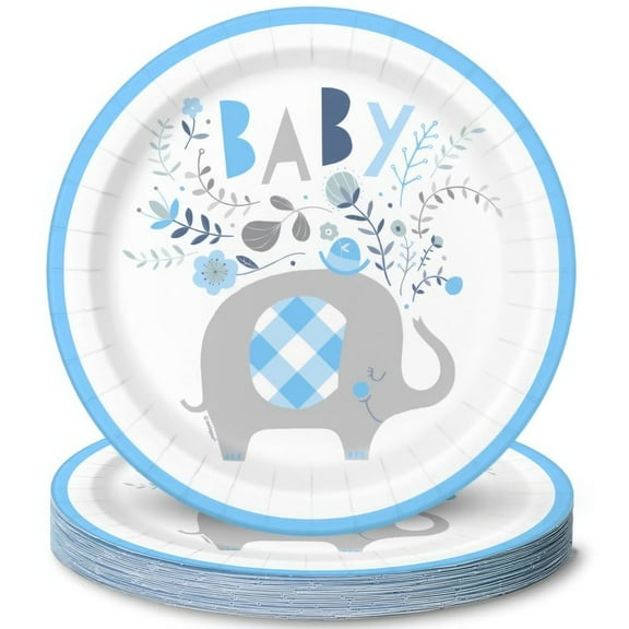 Floral Elephant Round Dinner Plates I Disposable I Blue I 8 Pcs.