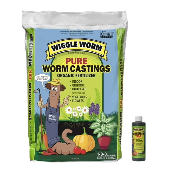 WIGGLE WORM Unco Industries Builder Worm Castings Soil (30 Pound) and WIGGLE WORM Castings Tea, 8 Ounce