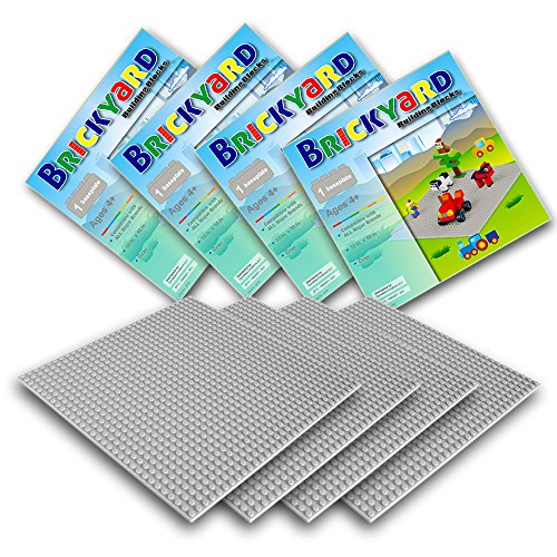 Brickyard Building Blocks 4 Gray Baseplates, 10 x 10 Inches Large Thick Base Plates