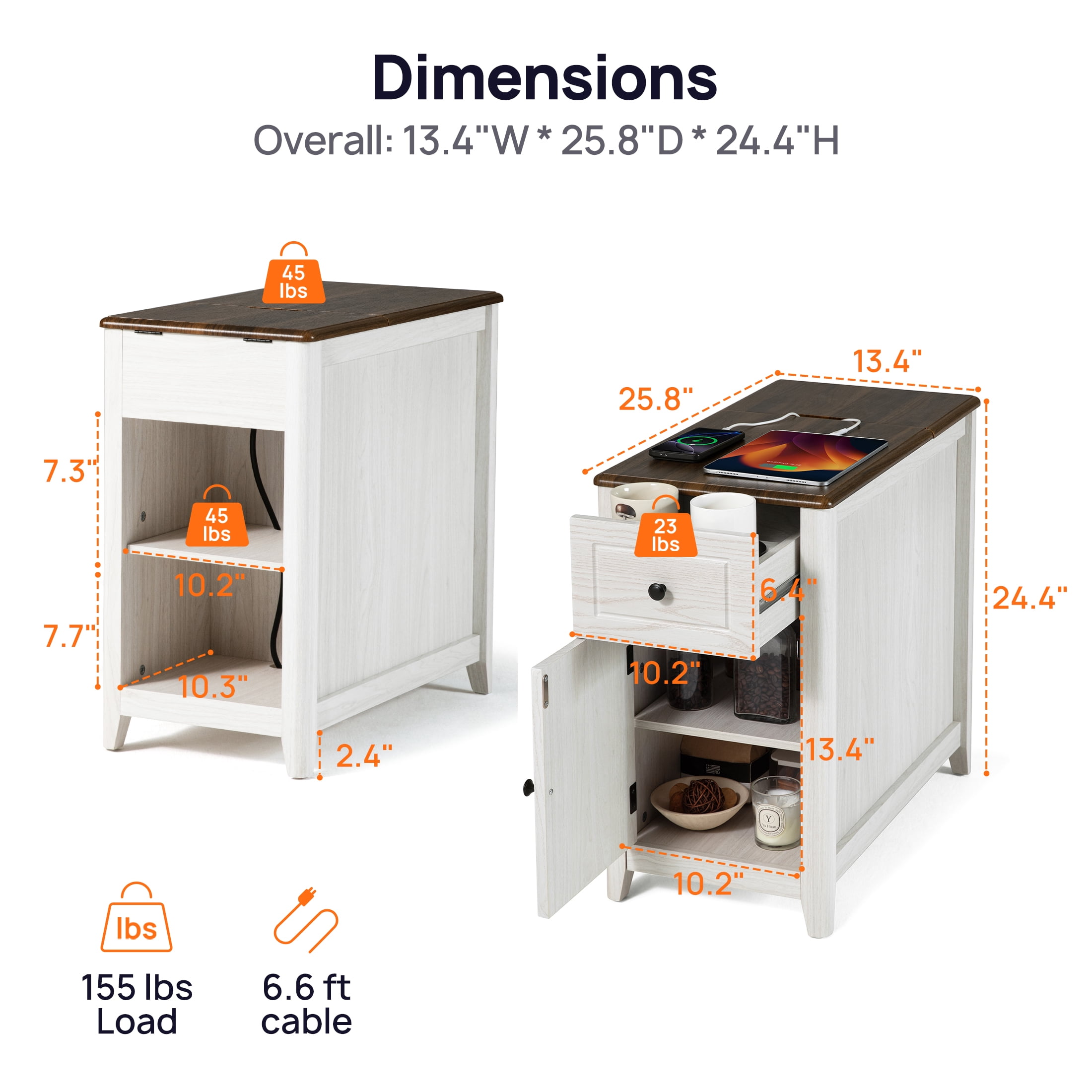 CHIC HOUSE End Tables for Living Room with Charging Station, Farmhouse Nightstand for Bedroom with Drawer Storage, Narrow Side Tables Accent Tables, Small Tables for Small Spaces, Brown & Oak