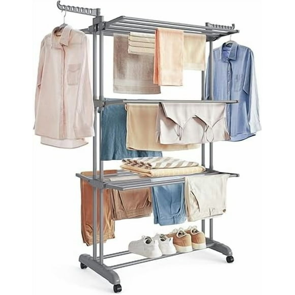 Étendoir à Vêtements à 4 Niveaux, Étendoir à Linge Pliable de 173 cm de Hauteur, Acier Inoxydable, Séchoir à Vêtements Roulant, Séchoir à Linge, Usage Intérieur Extérieur, Gris Dove