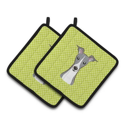 

Checkerboard Lime Green Italian Greyhound Pair of Pot Holders 7.5 x 3 x 7.5 in.