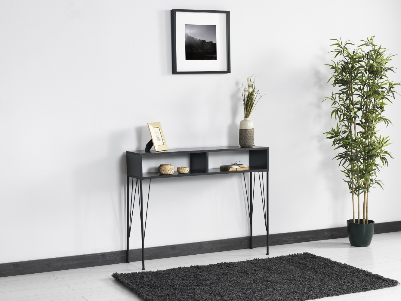 Alken 2 Open Shelf Metal Legs Console Table, Wood top module Console