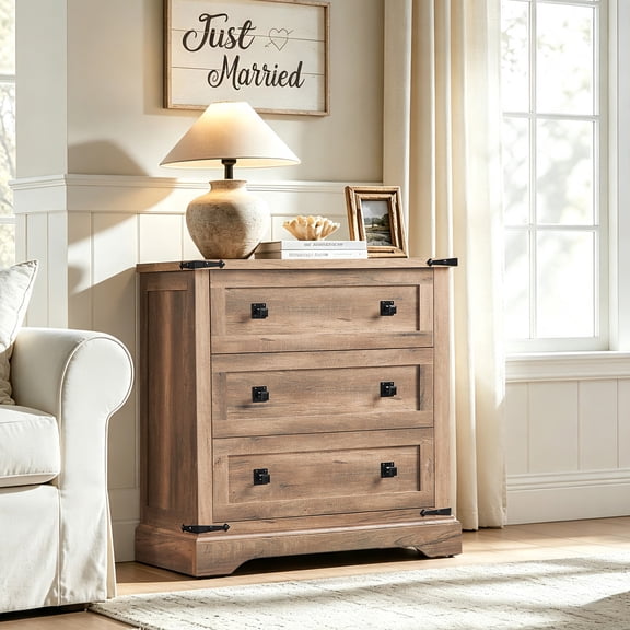 KeyWhat 32" Farmhouse Nightstand with Charging Station, Rustic Wood End Table with 3 Storage Drawers, Side Table for Bedroom, Living Room, Rustic Oak