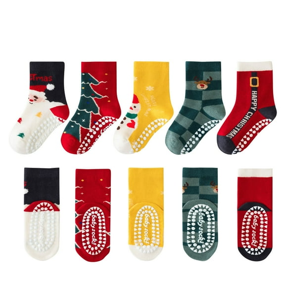 Rohuuque Kids Christmas Socks Toddler Nonslip Grip Christmas Socks Baby Holiday Winter Warm Socks for Boys/Girls 5 Pairs S Red