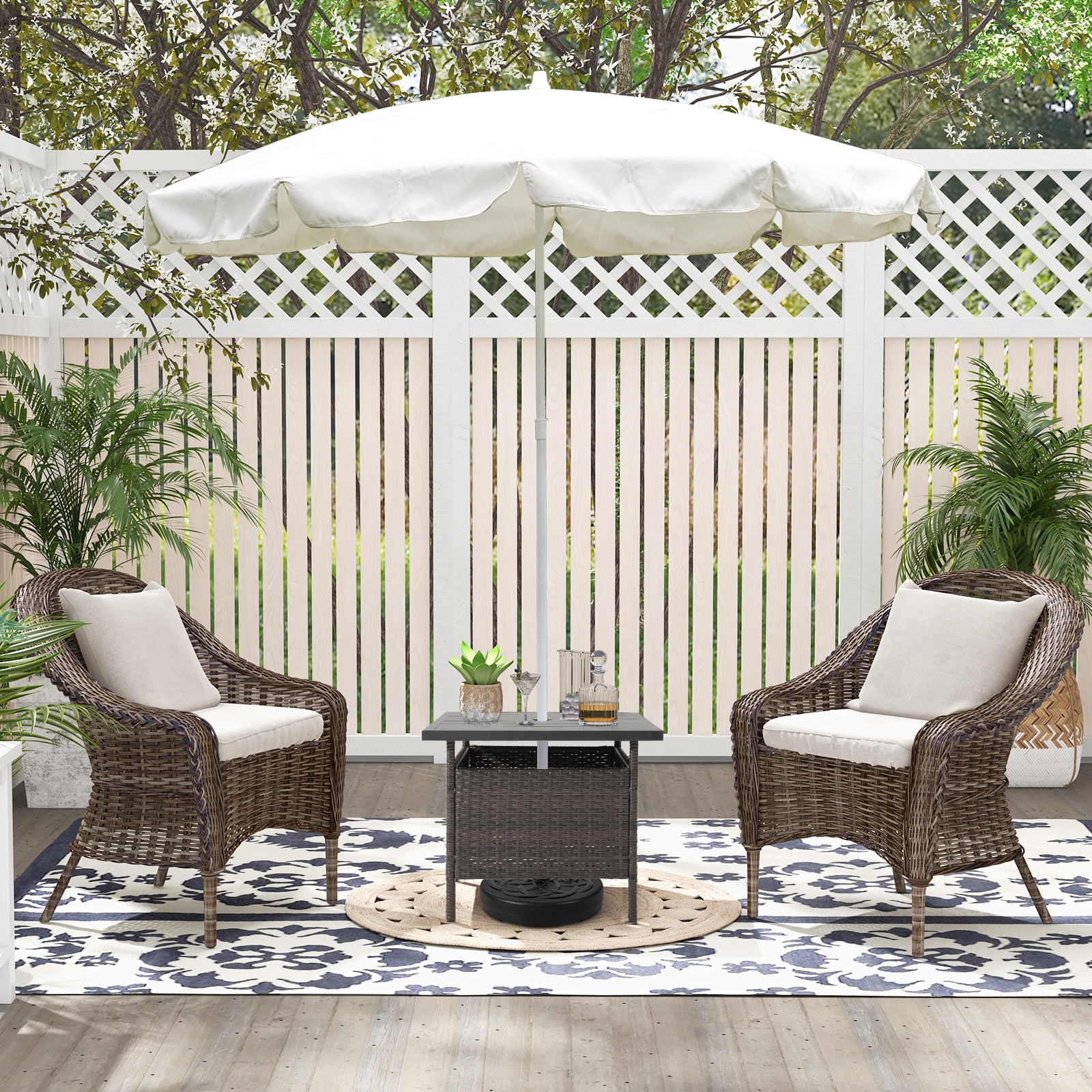 BLACK JAGUAR Outdoor Wicker Table Rattan Coffee Table w/ Umbrella Insert Hole PE Tabletop & Sturdy Metal Frame